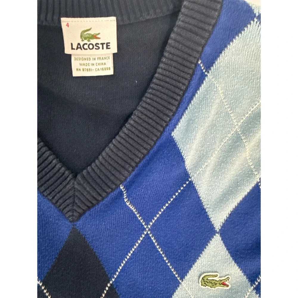 Lacoste Argyle V-Neck Cotton Sweater Sz 4 M Navy Blue Preppy Collegiate